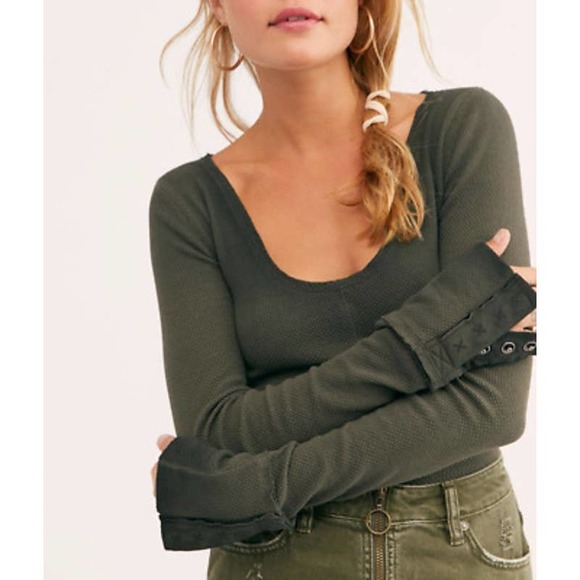 Free People Tops - Free People Olive Green Scoop Neck Long Sleeve Layered Cuff Top